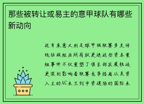 那些被转让或易主的意甲球队有哪些新动向