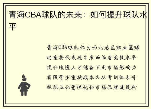 青海CBA球队的未来：如何提升球队水平