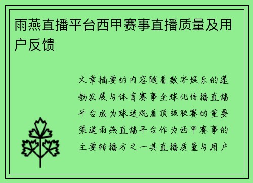 雨燕直播平台西甲赛事直播质量及用户反馈