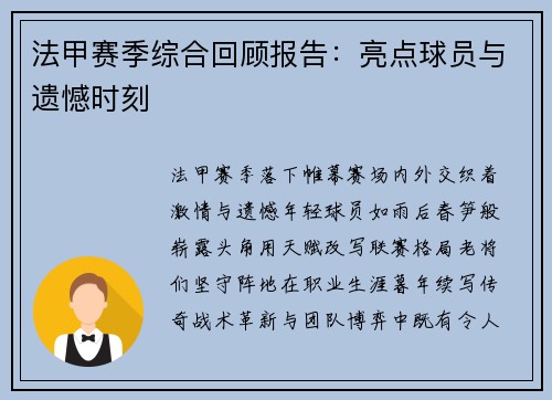 法甲赛季综合回顾报告：亮点球员与遗憾时刻